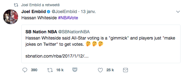 Ca Chauffe Entre Joel Embiid Et Hassan Whiteside Sur Le Terrain Puis Sur Twitter Basket Usa