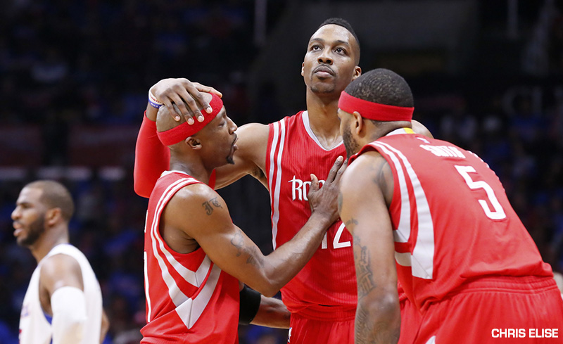 14 May 2015: Houston Rockets center Dwight Howard (12) celebrates with Houston Rockets guard Jason Terry (31) and Houston Rockets forward Josh Smith (5) during the Houston Rockets 119-107 victory over the Los Angeles Clippers, in game 6 of the Western Conference semifinals, at the Staples Center, Los Angeles, California, USA.