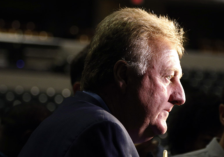 Sep 28, 2015; Indianapolis, IN, USA; Indiana Pacers president Larry Bird answers questions and talks to the media during media day at Bankers Life Fieldhouse. Mandatory Credit: Brian Spurlock-USA TODAY Sports