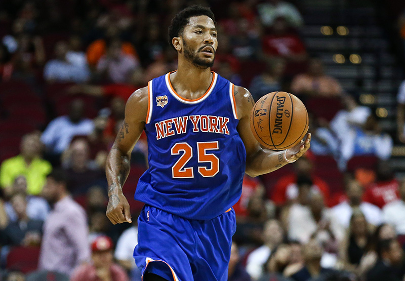 Oct 4, 2016; Houston, TX, USA; New York Knicks guard Derrick Rose (25) dribbles the ball during a game against the Houston Rockets at Toyota Center. Mandatory Credit: Troy Taormina-USA TODAY Sports