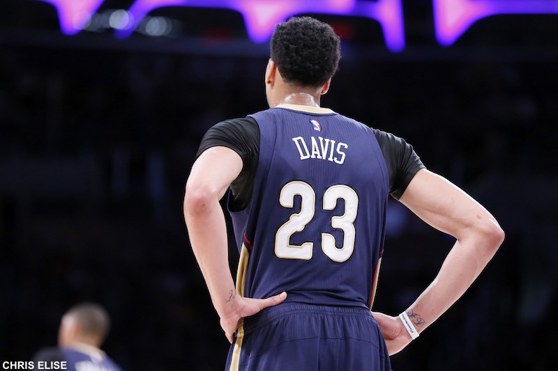 01 April 2015: New Orleans Pelicans forward Anthony Davis (23) rests during the New Orleans Pelicans 113-92 victory over the Los Angeles Lakers , at the Staples Center, Los Angeles, California, USA.