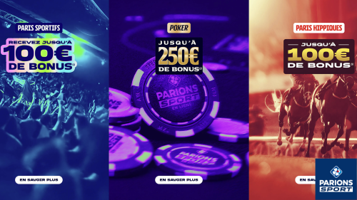 Bonus Parions Sport : premier pari doublé en freebets, plus bonus poker et turf jusqu’à 450 € cumulés.