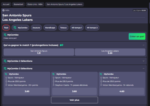 Les cotes du match San Antonio Spurs contre Los Angeles Lakers