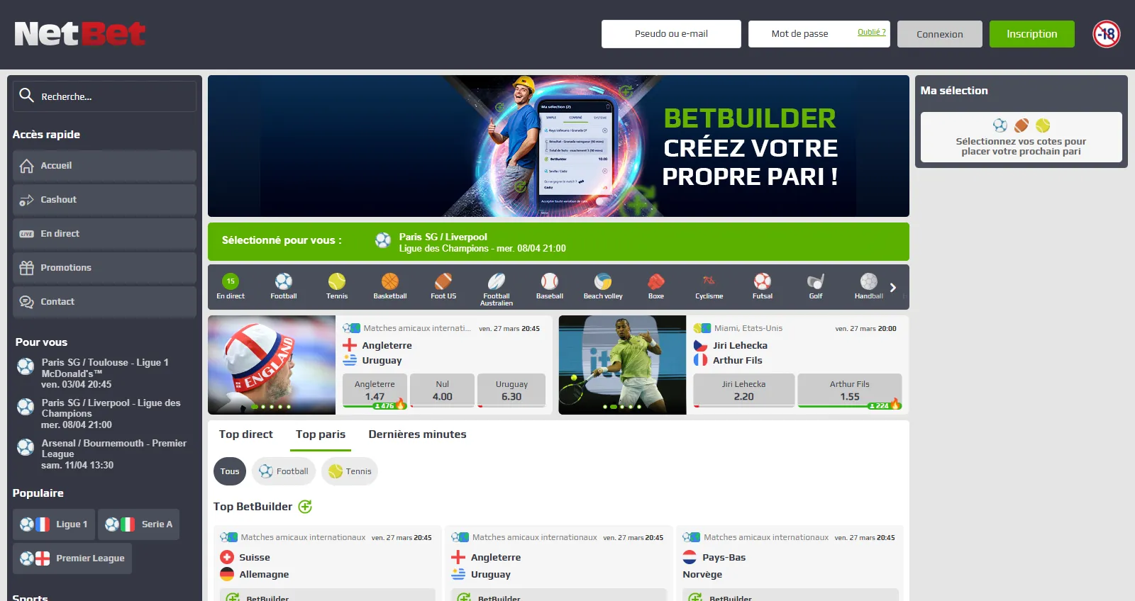 L'accueil du site internet Netbet