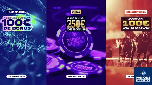 Bonus Parions Sport : premier pari doublé en freebets, plus bonus poker et turf jusqu’à 450 € cumulés.