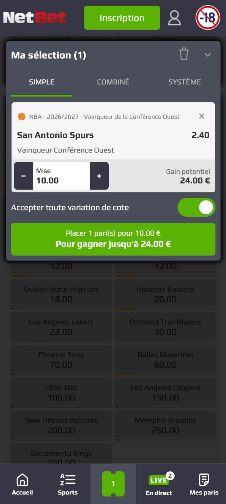 Ticket de pari sélectionné sur NetBet le 22 juillet 2026