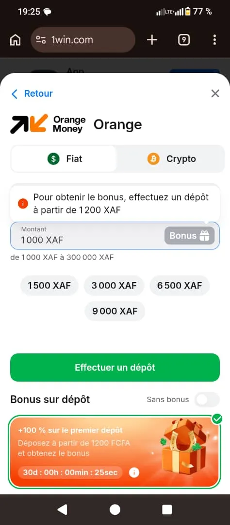 1ᵉʳ dépôt devise classique 1win
