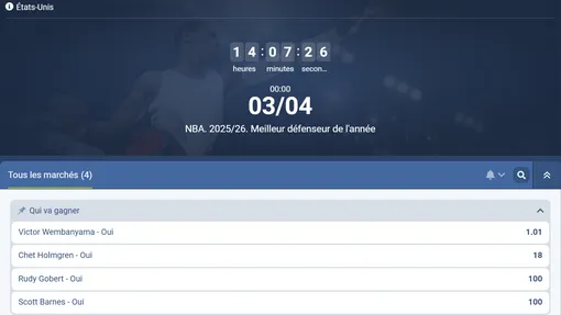 Code promo 1xBet pour parier sur le Meilleur Défenseur NBA 2025/2026 Victor Wembanyama.