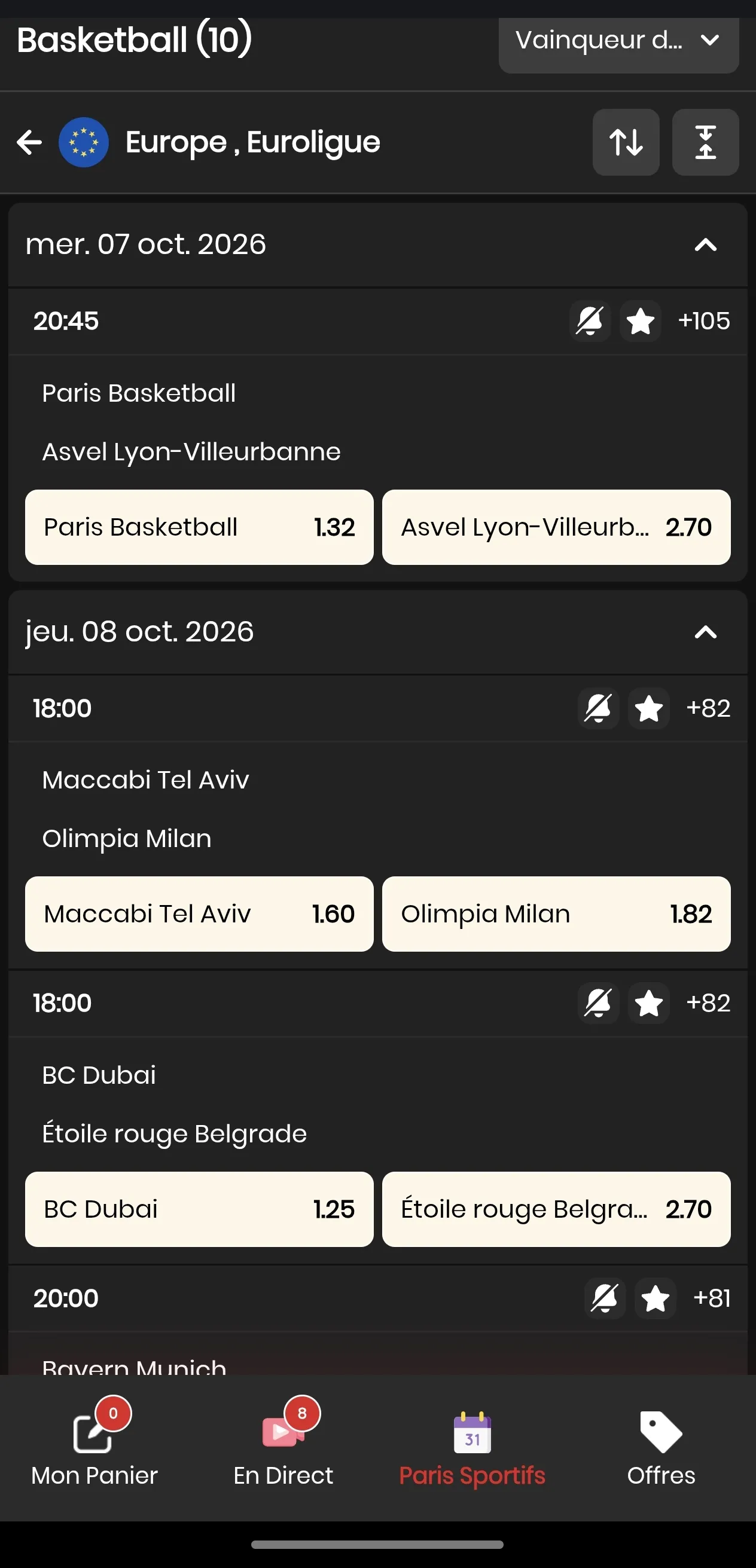 Liste des marchés EuroLeague sur l'appli CircusBet