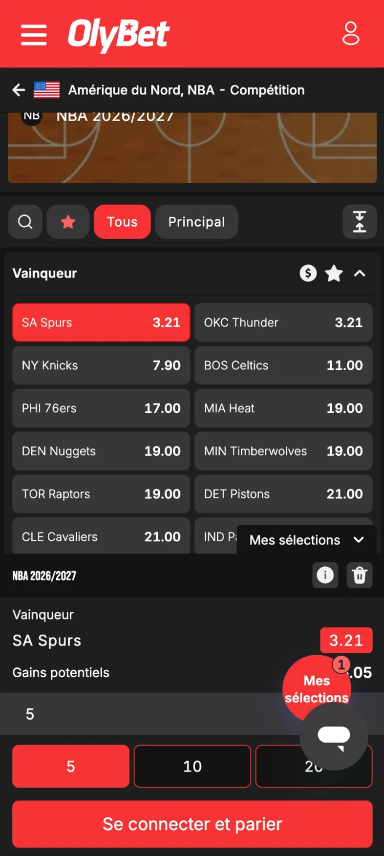 Sélection d'un pari sur la victoire des SPURS sur Olybet avant le début de la NBA 