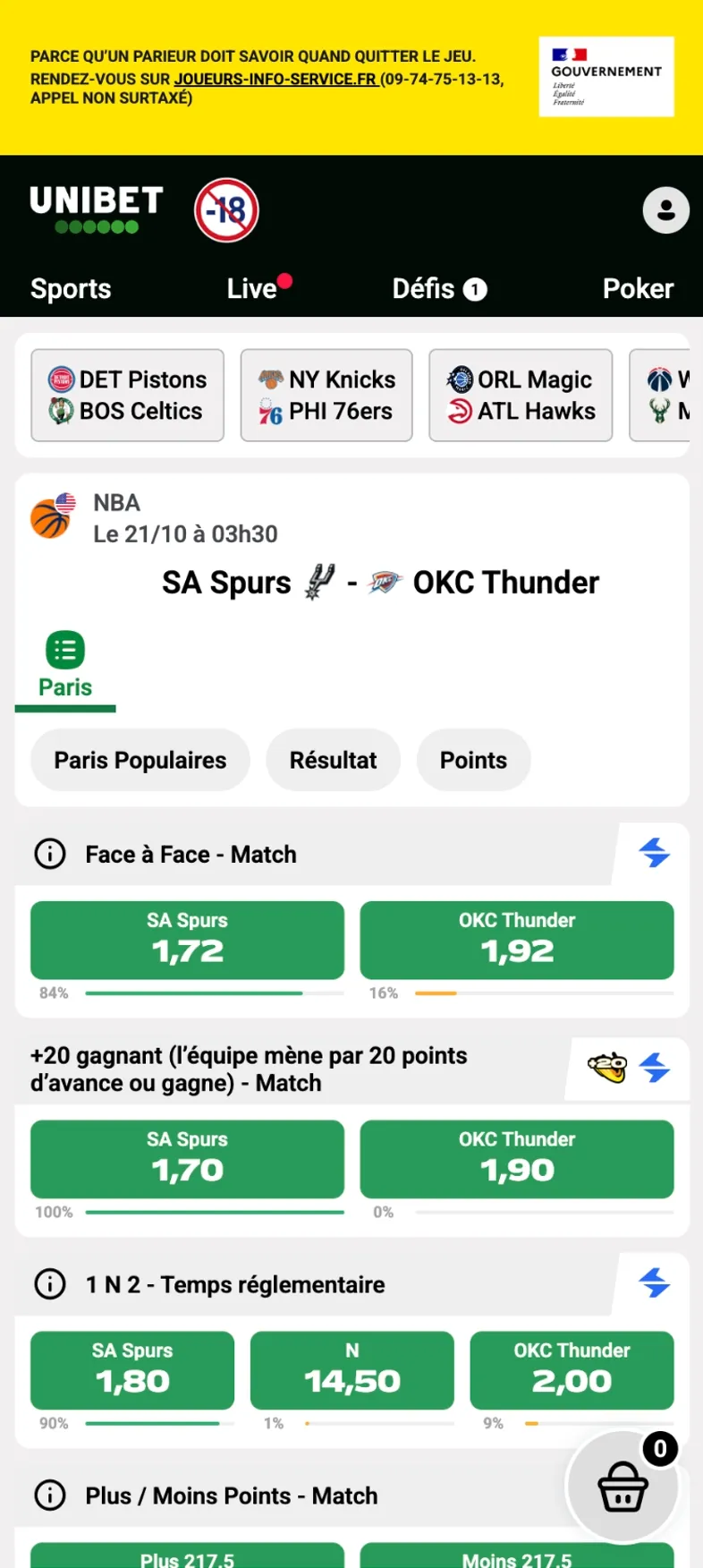 Marchés disponibles sur Unibet le 29 septembre pour le match entre les Spurs et le Thunder