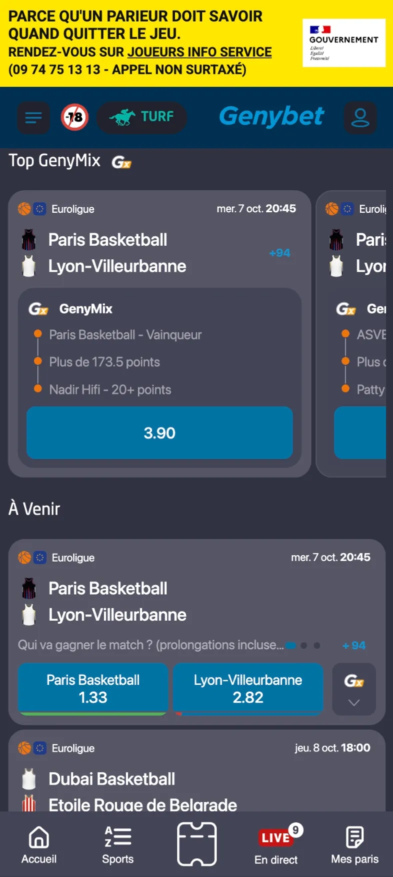 Marchés EuroLeague avec GenyMix proposés sur GenyBet