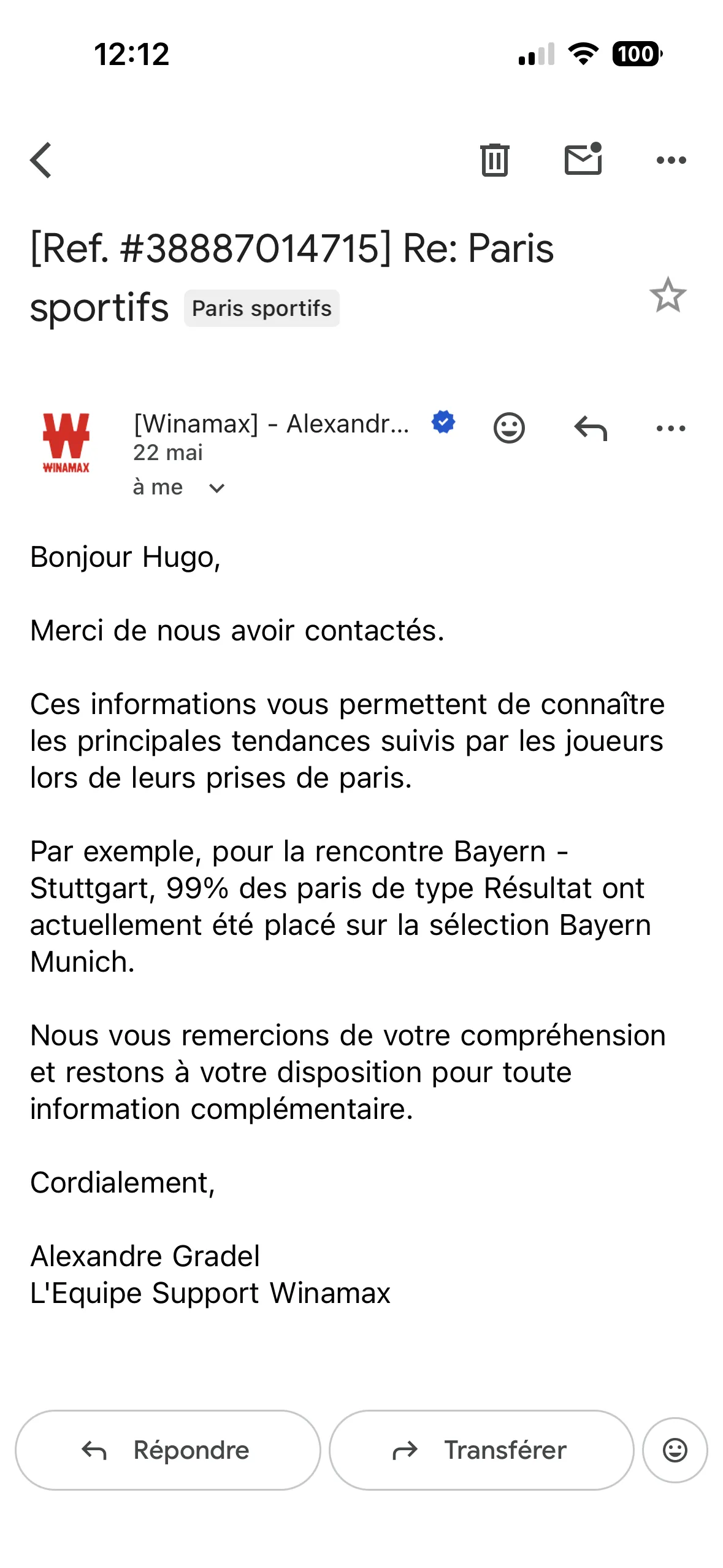 Réponse par mail du support Winamax