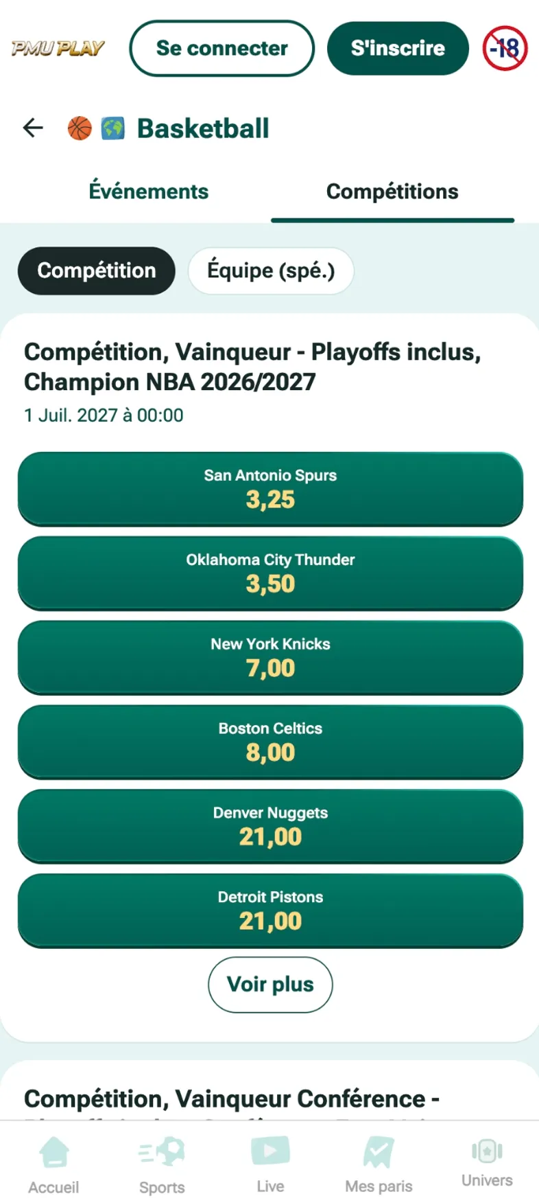 Cotes du possible champion NBA 2027 proposé par PMU Play