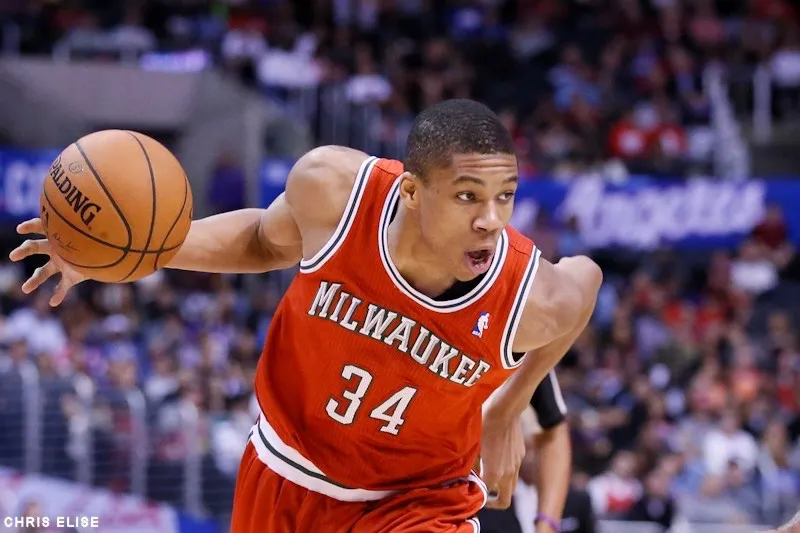 24 March 2014: Milwaukee Bucks guard Giannis Antetokounmpo (34) dribbles during the Los Angeles Clippers 106-98 victory over the Milwaukee Bucks at the Staples Center, Los Angeles, California, USA.