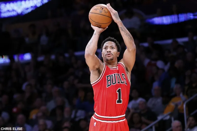 29 January 2015: Chicago Bulls guard Derrick Rose (1) takes a jump shot during the Los Angeles Lakers 123-118 2OT victory over the Chicago Bulls, at the Staples Center, Los Angeles, California, USA.