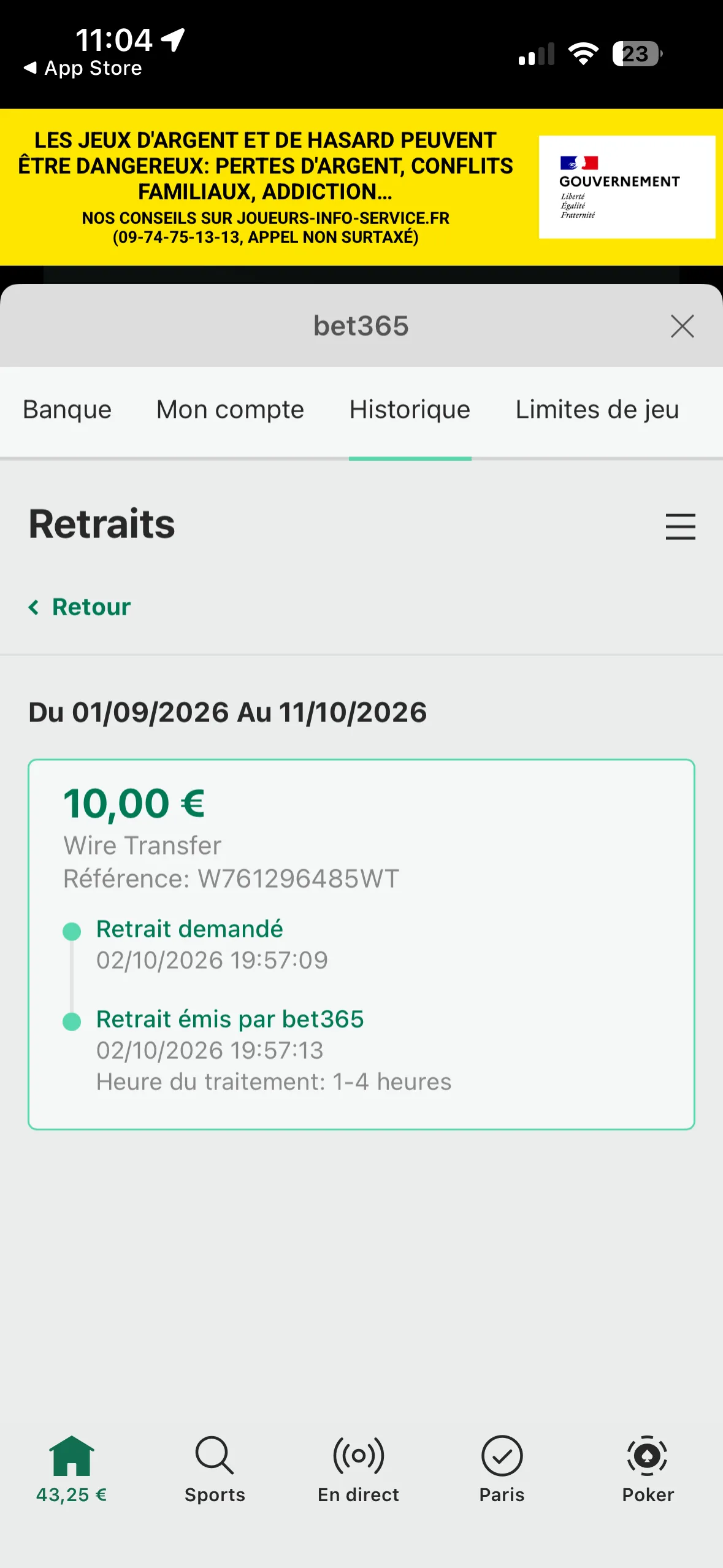 Exemple de retrait traité en 4 secondes chez bet365