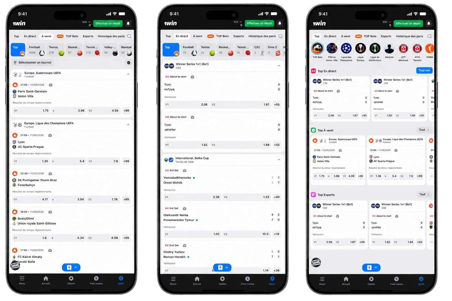 Test de l'interface Sport sur l'application 1win