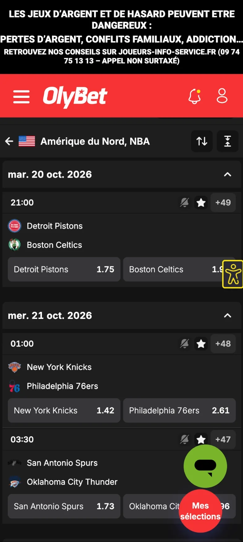 Marchés NBA visibles sur l'interface d'OlyBet