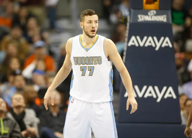 Feb 23, 2015; Denver, CO, USA; Denver Nuggets forward Joffrey Lauvergne (77) during the game against the Brooklyn Nets at Pepsi Center. Mandatory Credit: Chris Humphreys-USA TODAY Sports