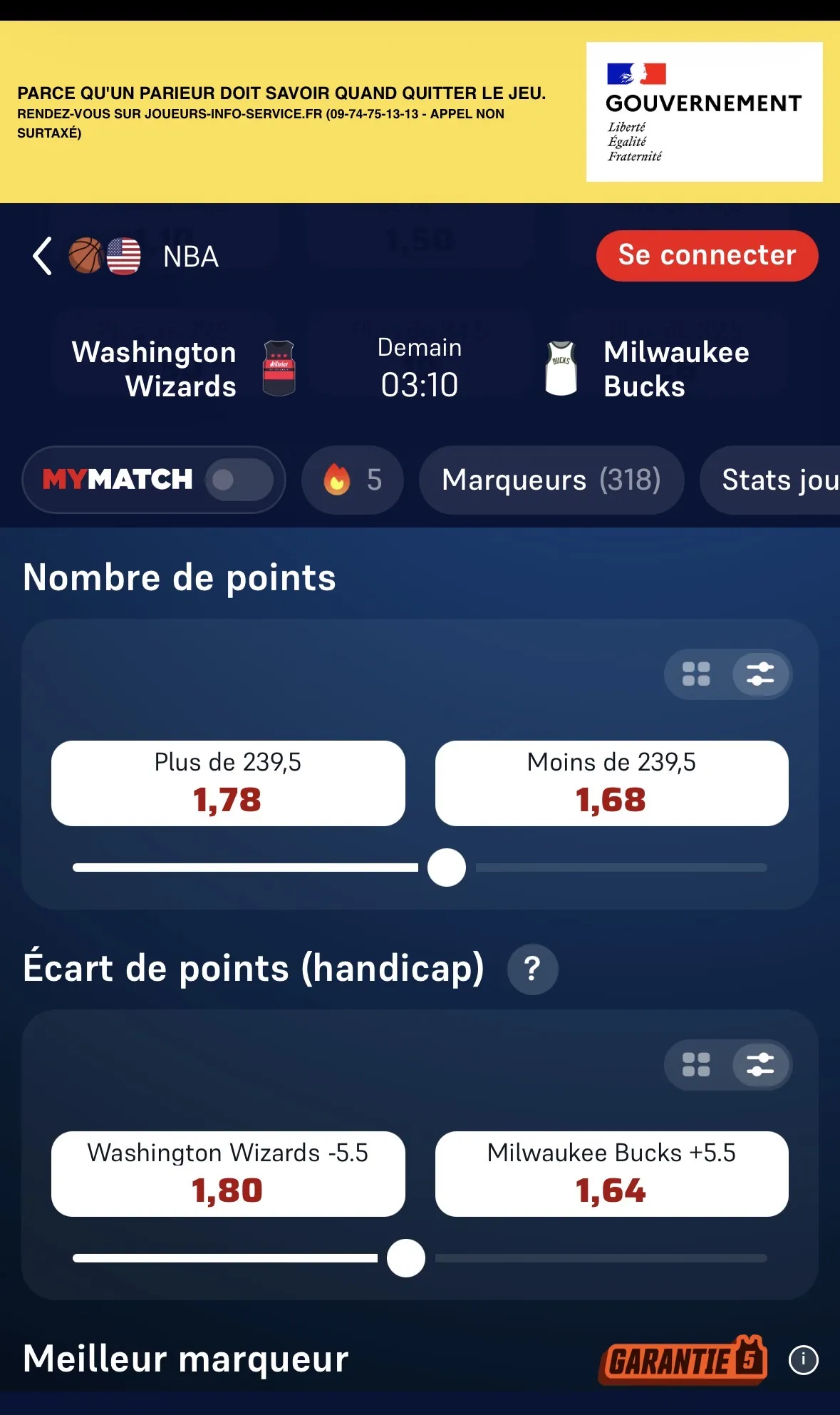 Marché « Nombre de points » de Wizards-Bucks chez Winamax, cotes relevées en octobre 2026 sur la ligne 239,5