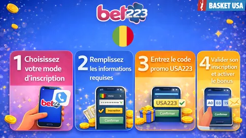 Création de compte Bet223 depuis l'APK mobile avec saisie du code promo USA223.