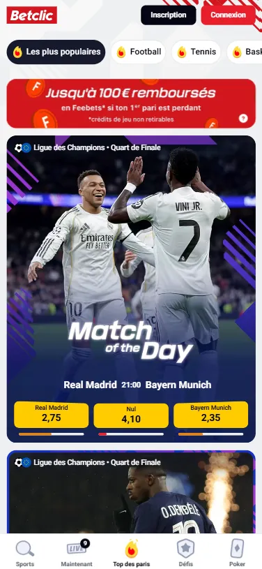 L'interface mobile de Betclic