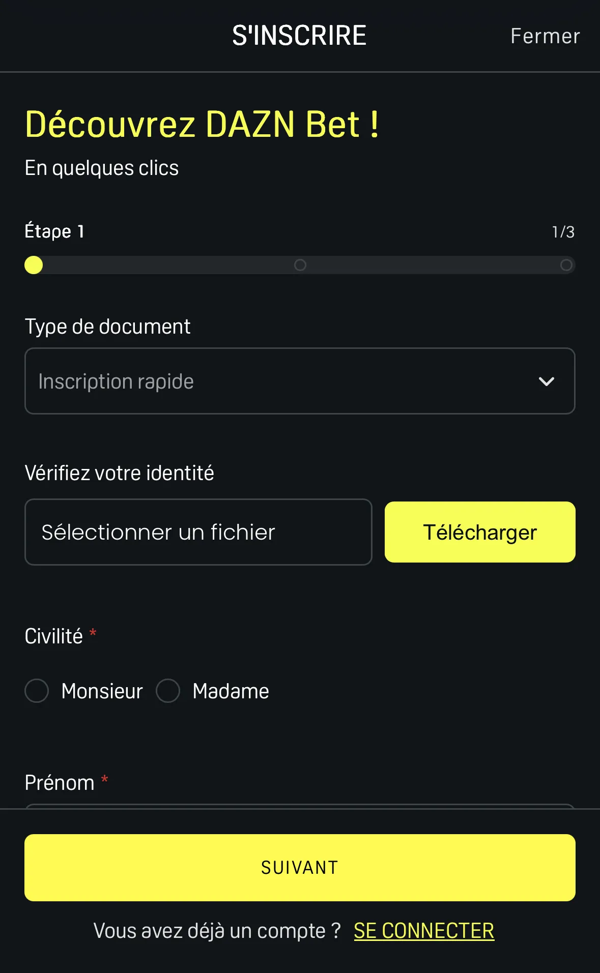 Etape 1 du formulaire d'inscription Daznbet