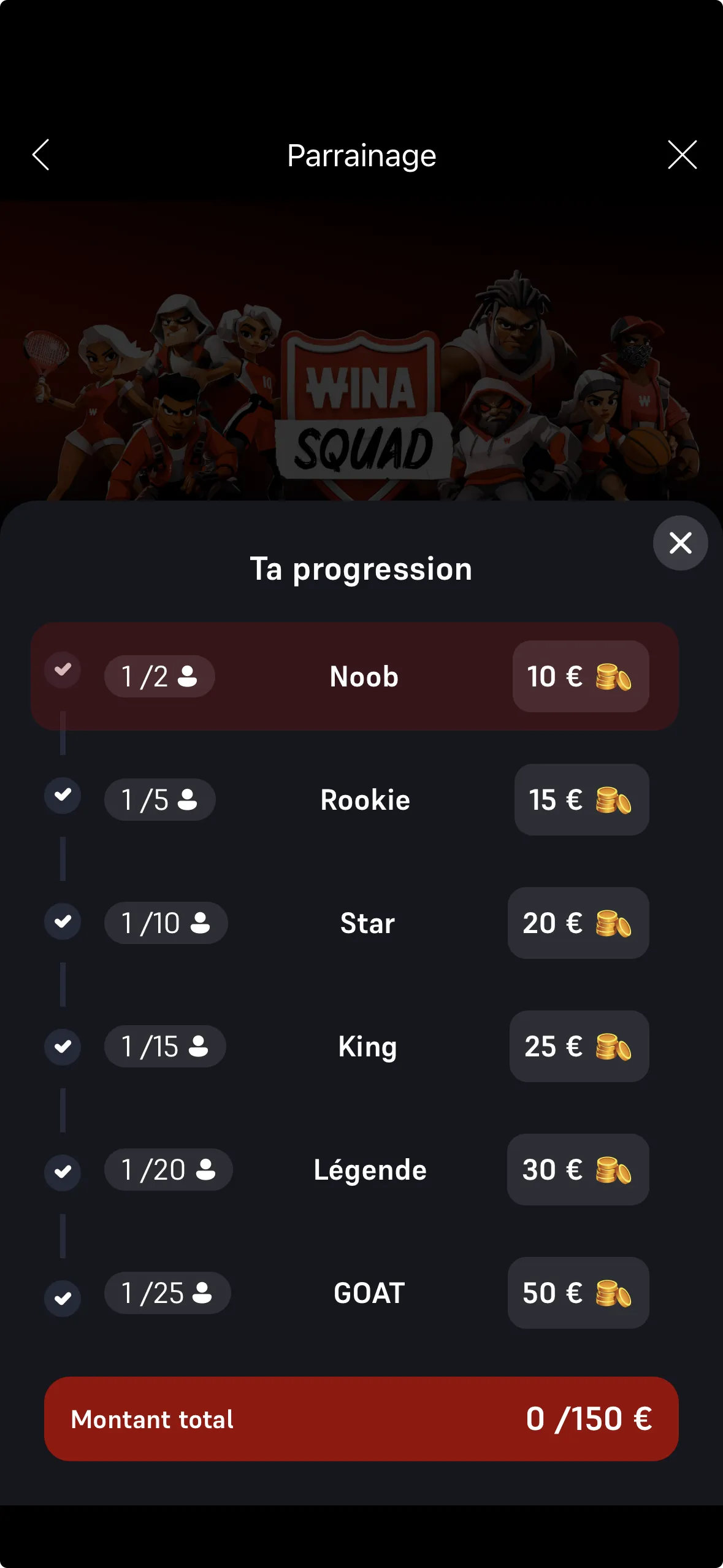 Les paliers de parrainage Wina Squad