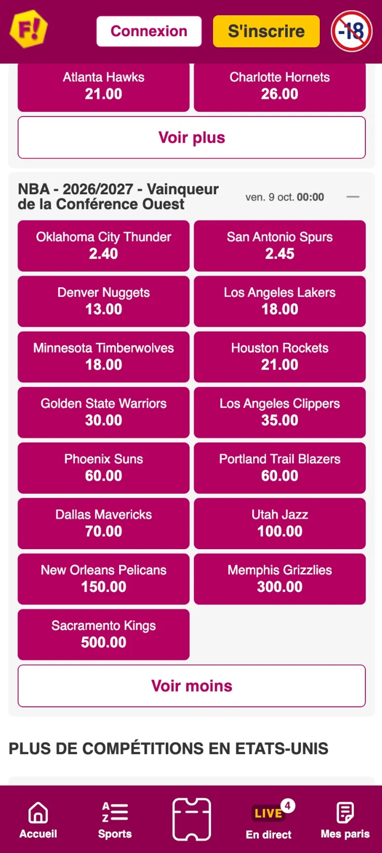 Cotes du vainqueur de la conférence ouest accessibles sur l’appli Feelingbet