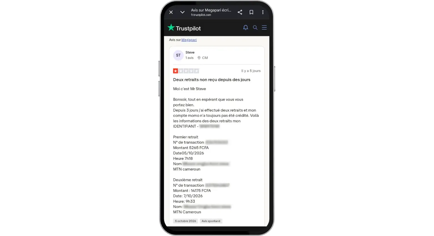 Avis Trustpilot des moyens de paiement Megapari