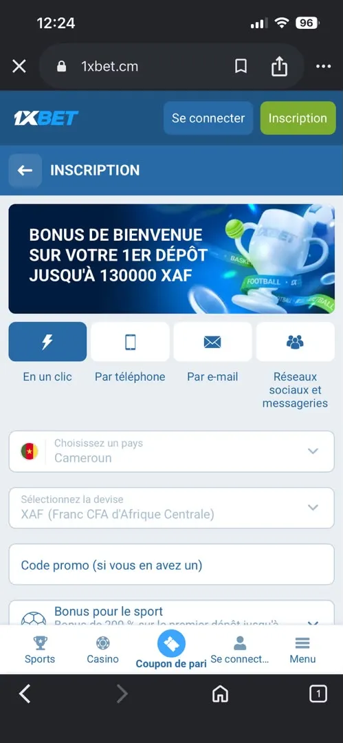 Inscription en un clic 1xbet