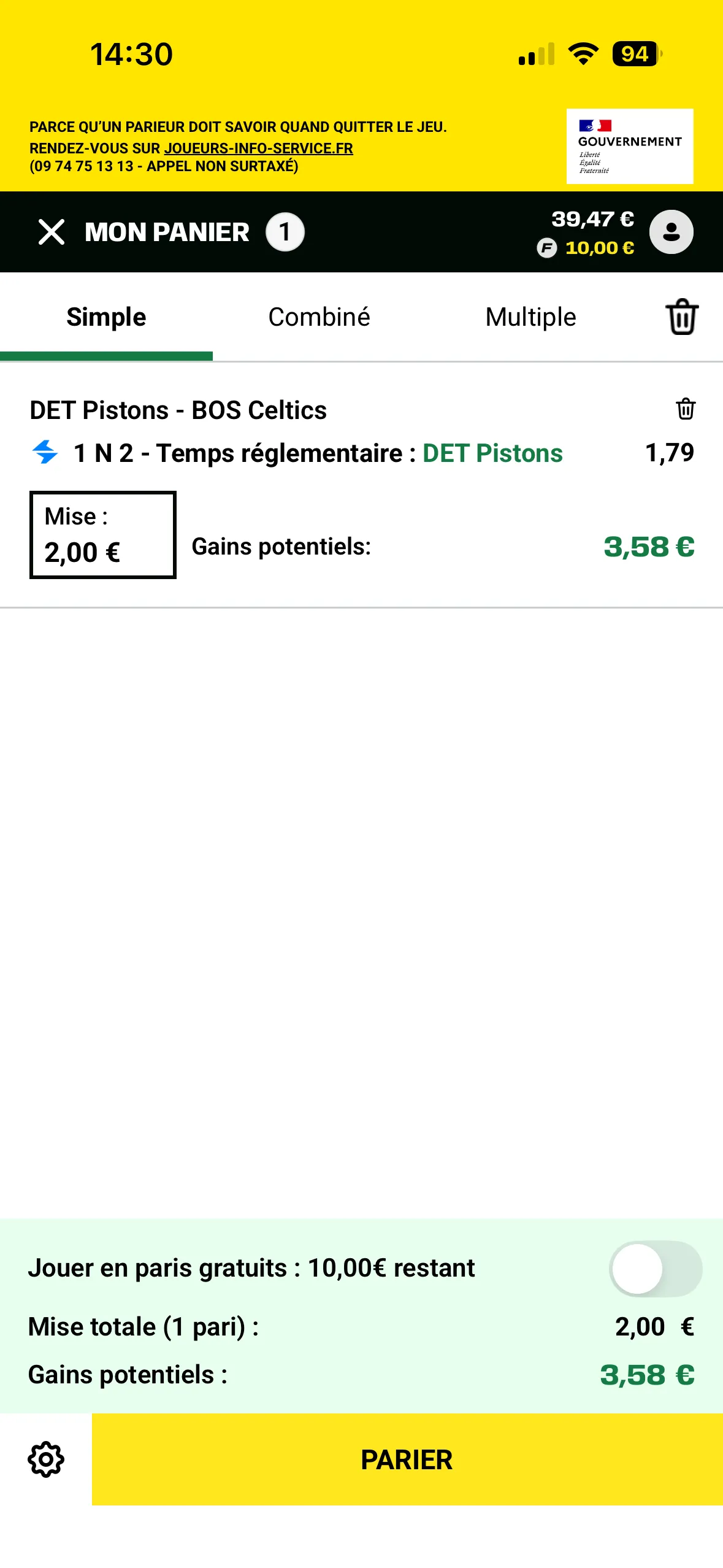 Choisissez une mise, ici 2€ sur une cote à 1,79