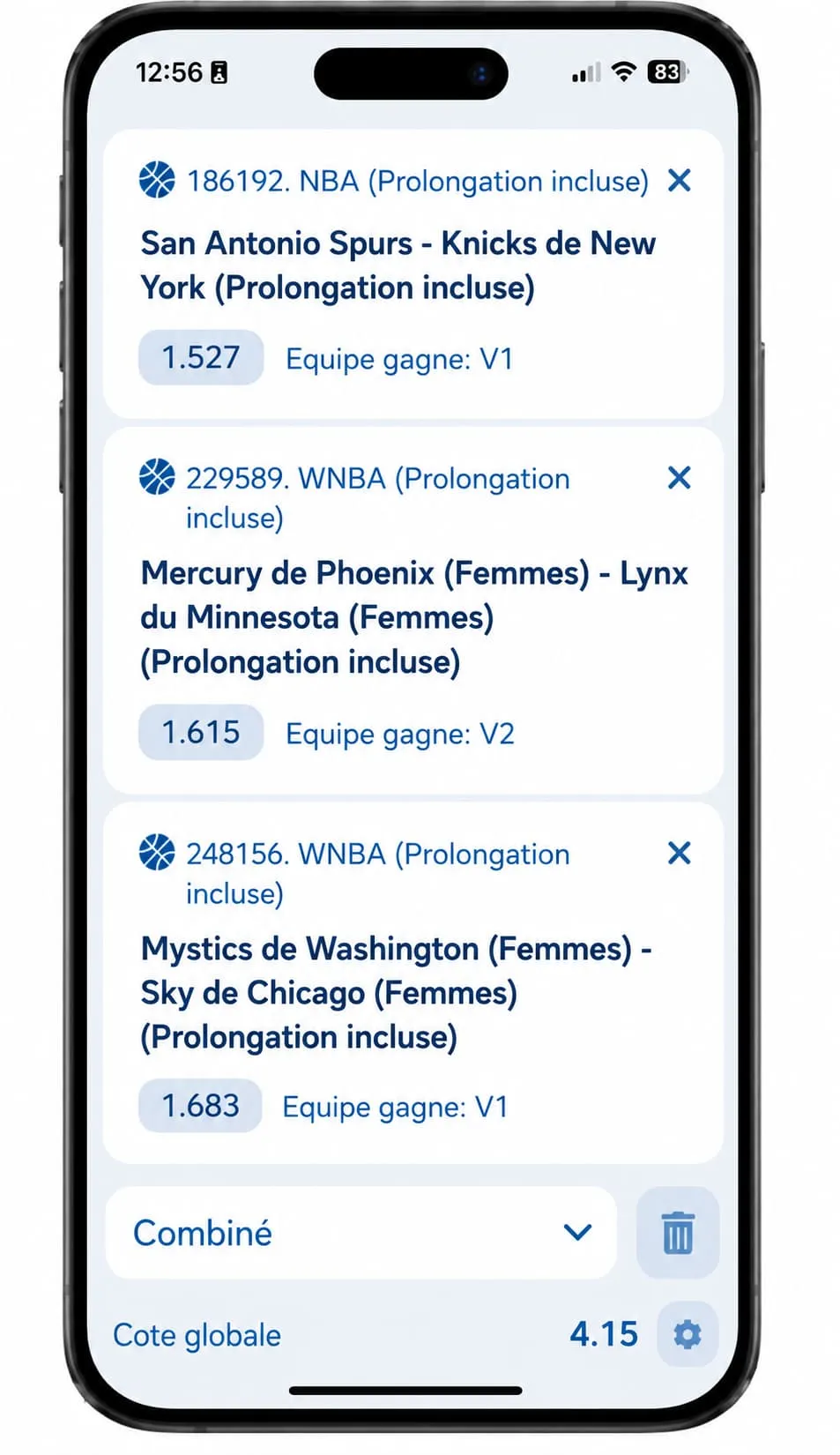 Coupon combiné NBA et WNBA à cote 4,15 placé avec le code promo 1xBet