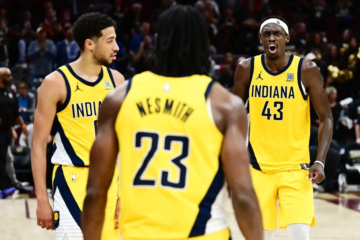 Tyrese Haliburton, Aaron Nesmith, Pascal Siakam (Pacers) contre les Cavaliers au Game 5