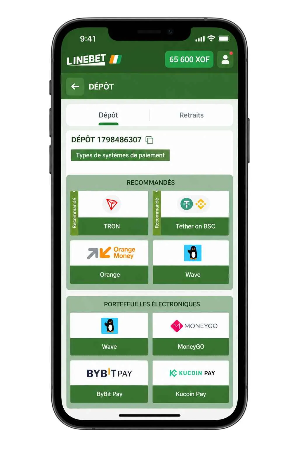 Dépôts via WaveMoney pour valider le code promo Linebet