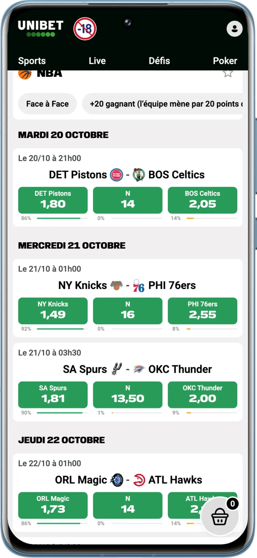 Marchés NBA ouverts sur l'application Unibet pour les matchs des 20 et 21 octobre 2026