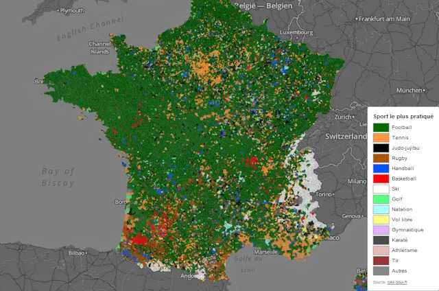 La carte de France des sports les plus pratiqués, commune par commune