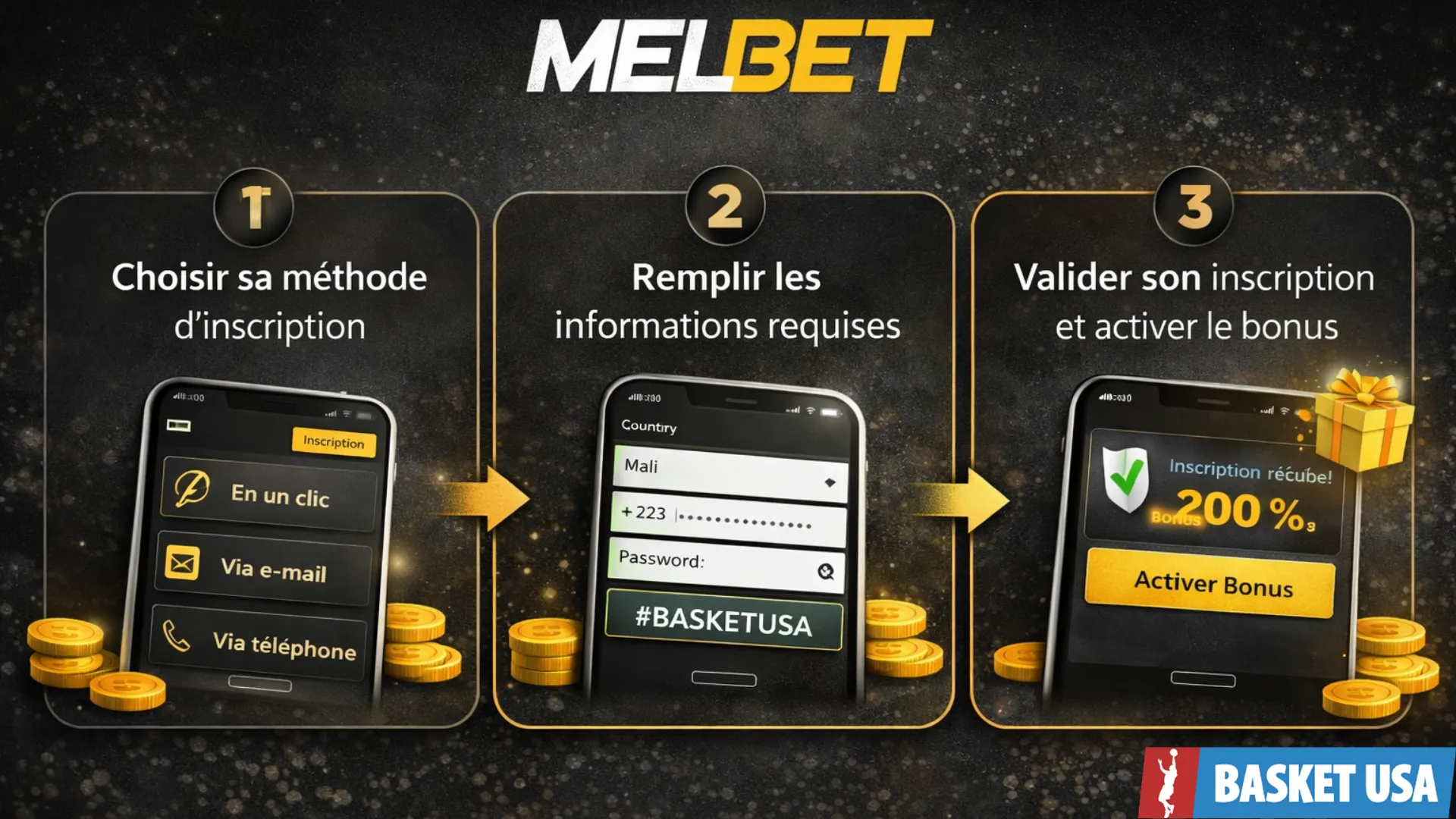 Étapes d'inscription sur l'APK Melbet pour créer un compte et activer le bonus.