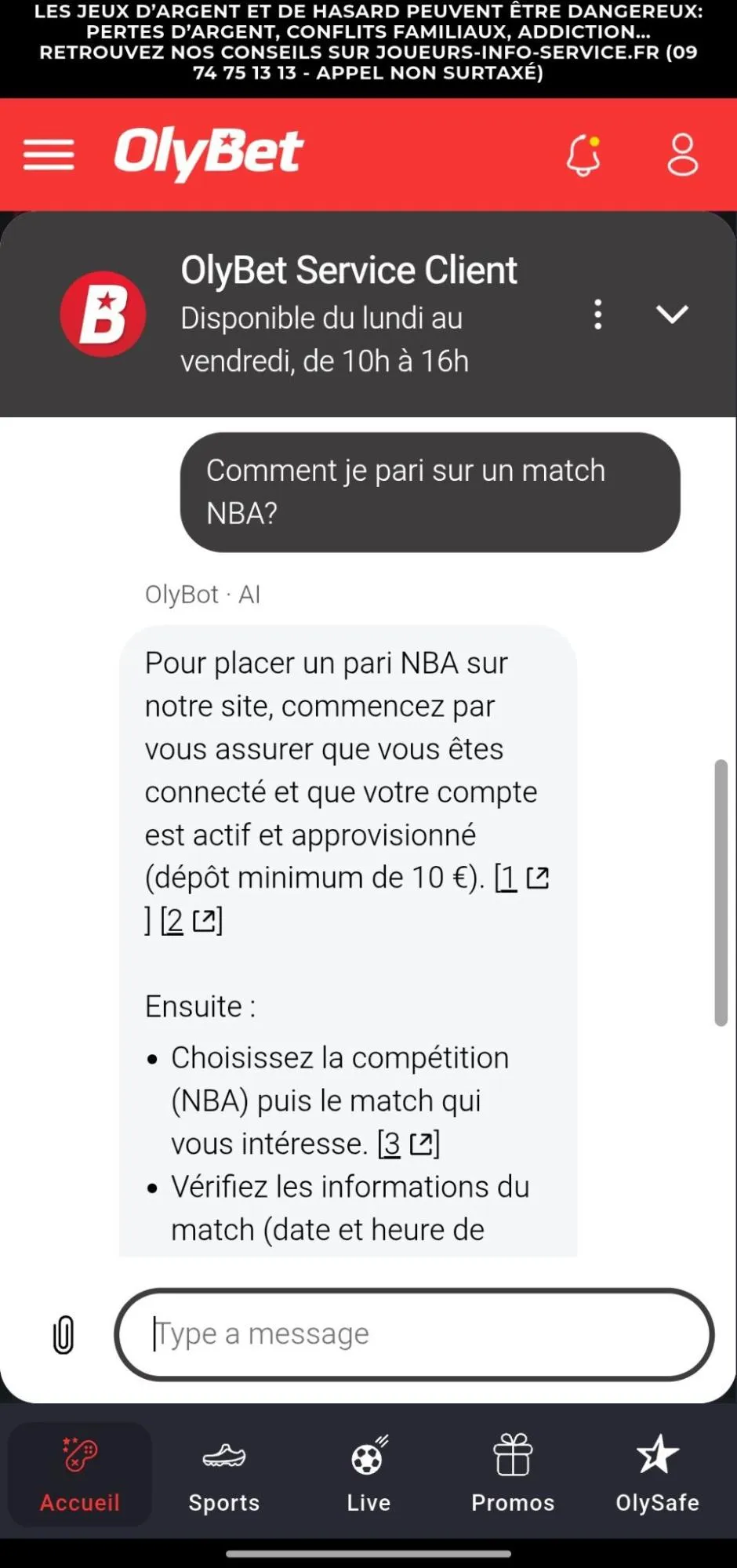 Conversation avec le support de l’application Olybet