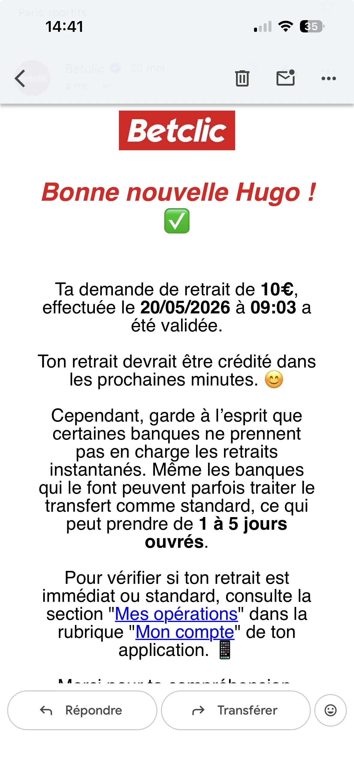 Email de retrait validé sur Betclic