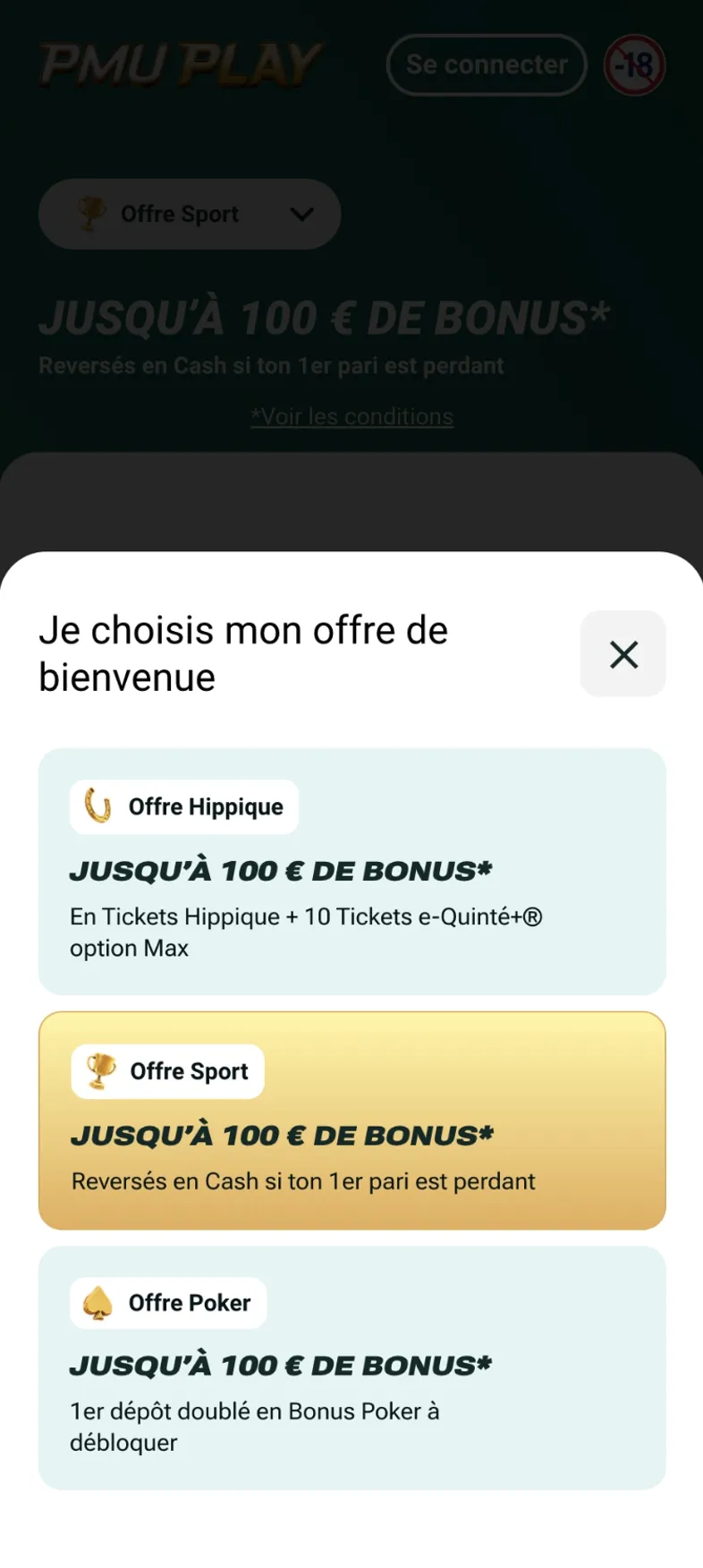 Offre de bienvenue remboursée en cash proposée lors de l'inscription sur PMU Play