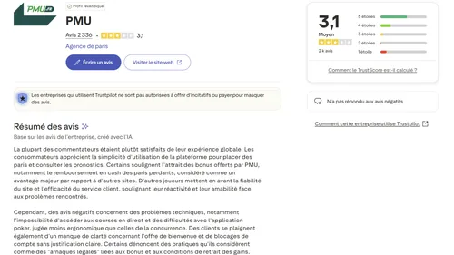 Avis joueurs PMU 2025 Trustpilot note 3,1 sur 5 basée sur 2300 avis