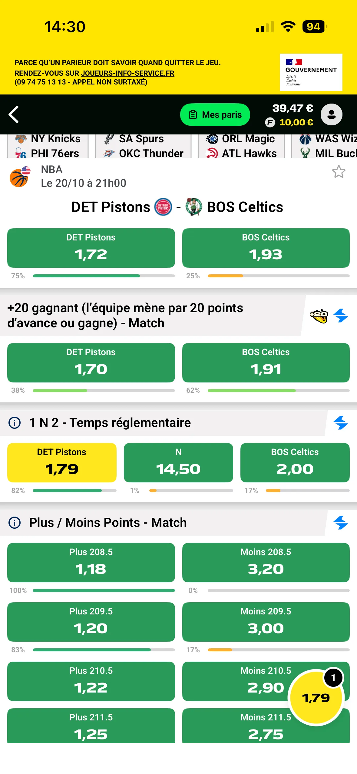 Sélectionner une cote sur un marché, ici la victoire des Pistons