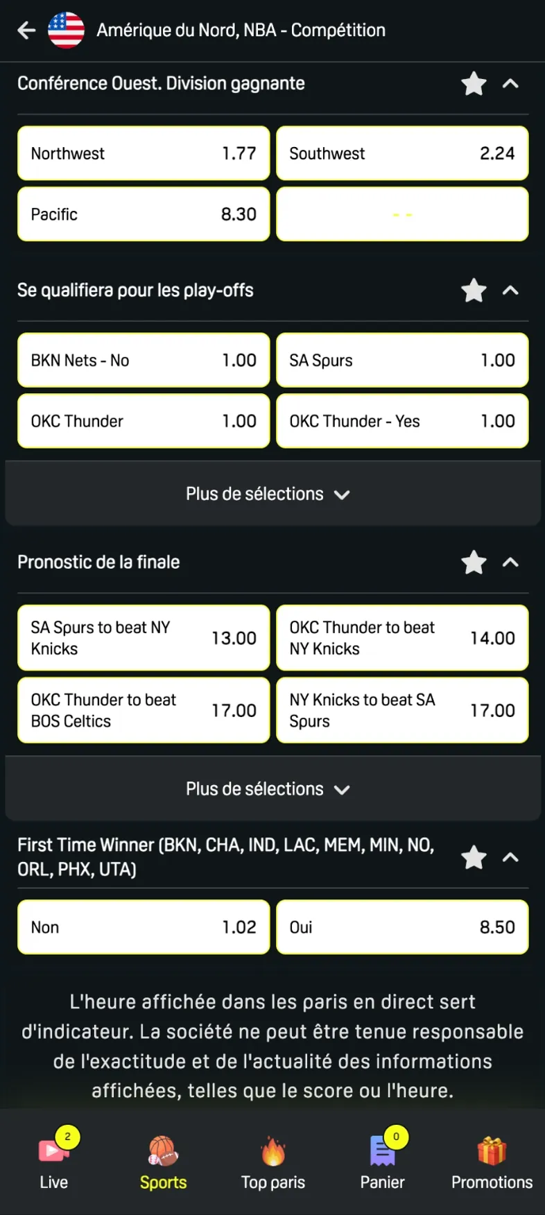 Écran de marchés sur le basket affiché sur l'application Daznbet