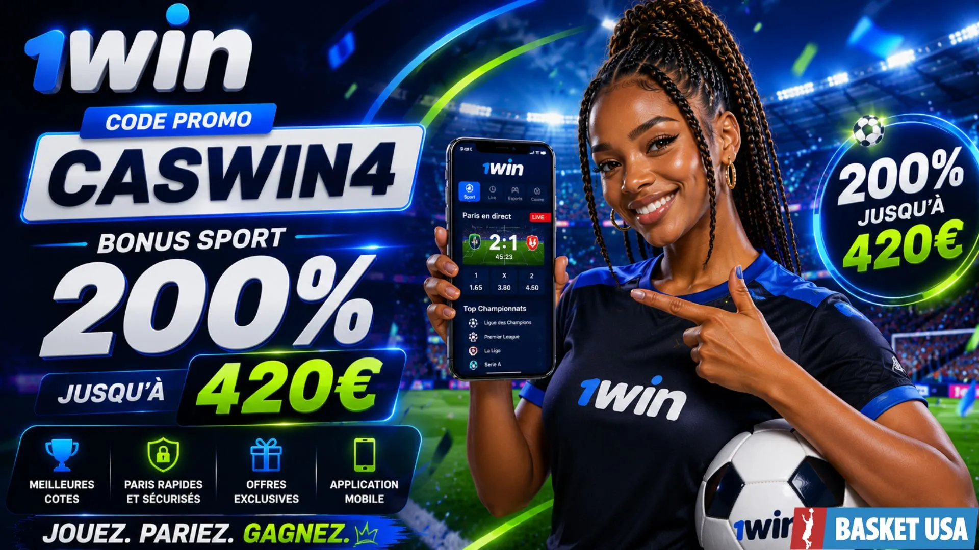 Offre de bienvenue 1win Sport avec le code promo CASWIN4 et bonus de 200 % jusqu'à 420 € pour la World Cup 2026