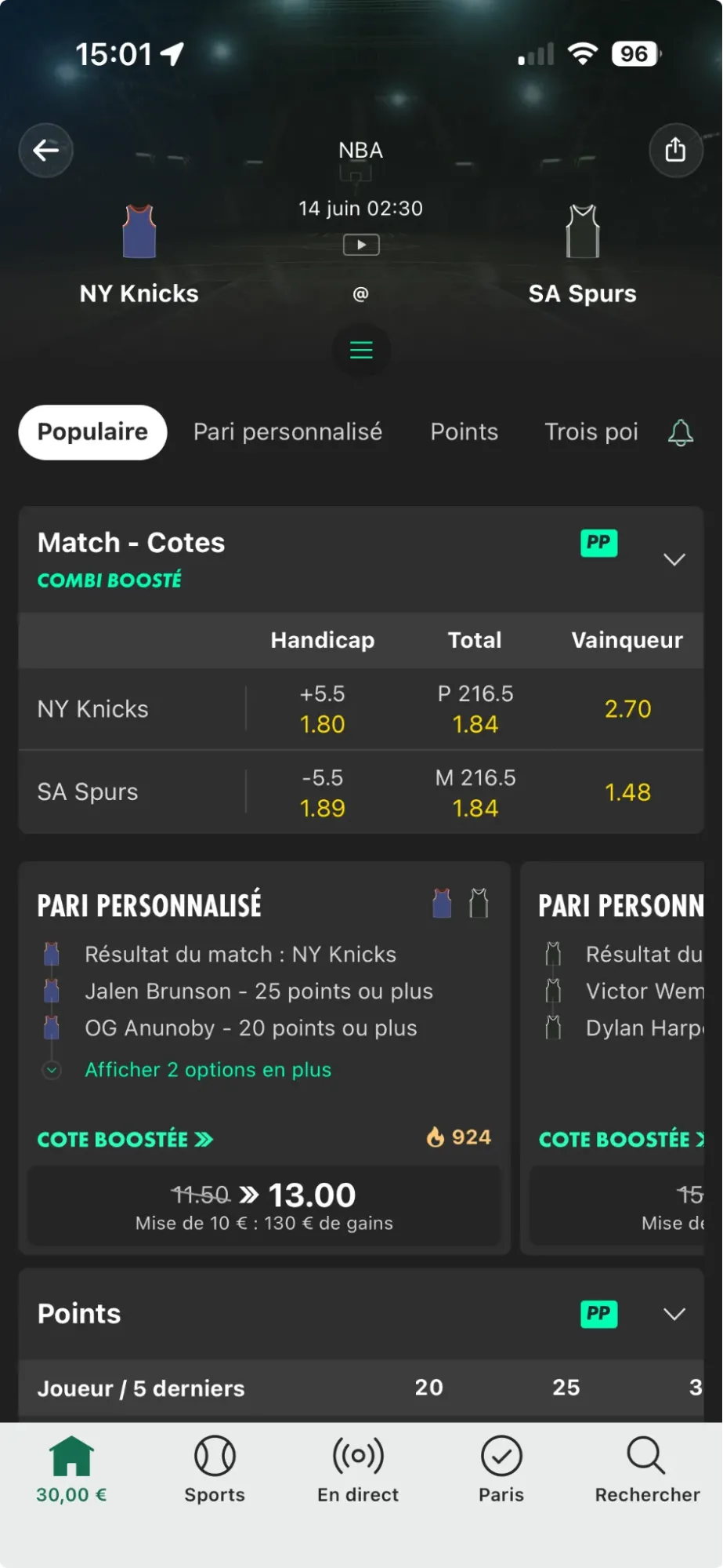 Cotes NY Knicks-Spurs le 12 juin sur bet365
