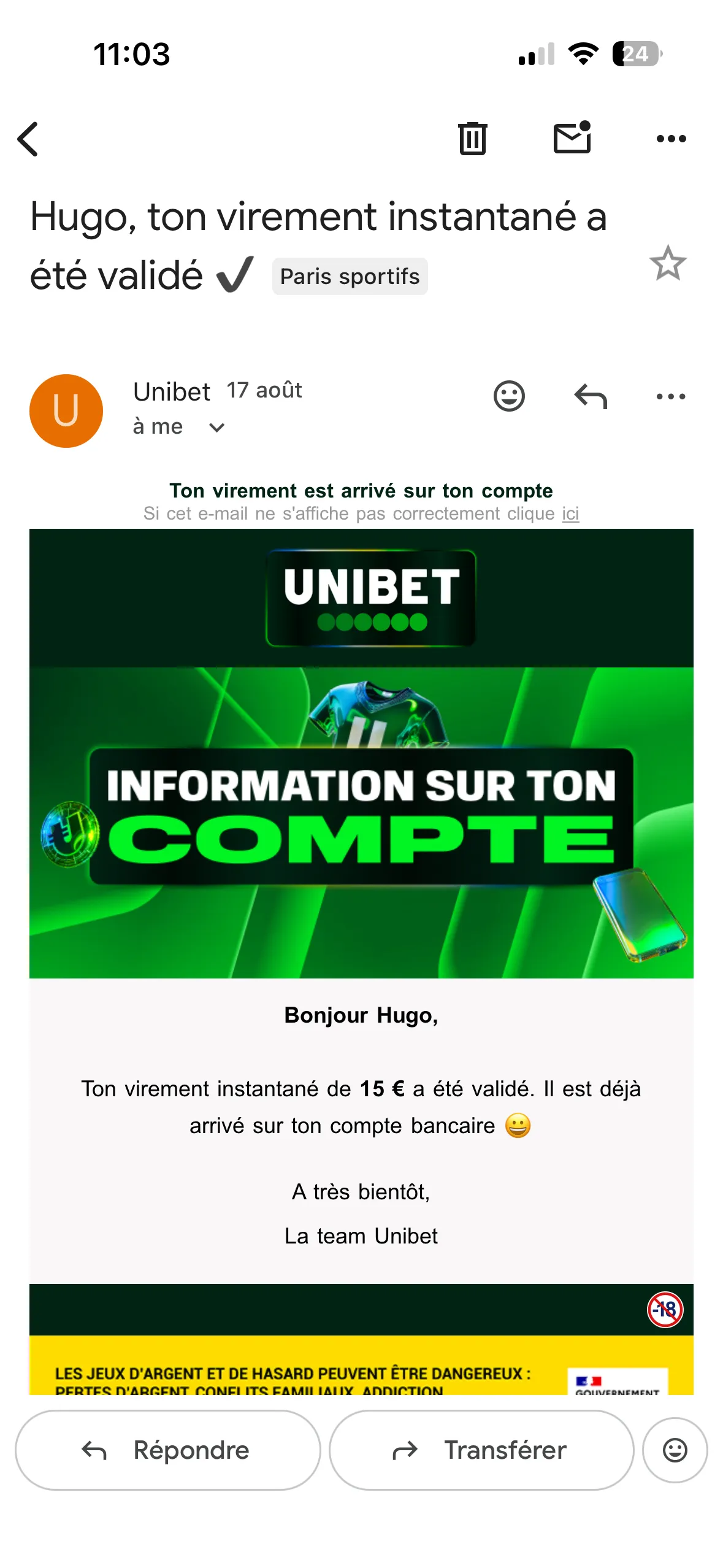 Mail de confirmation de retrait instantané chez Unibet