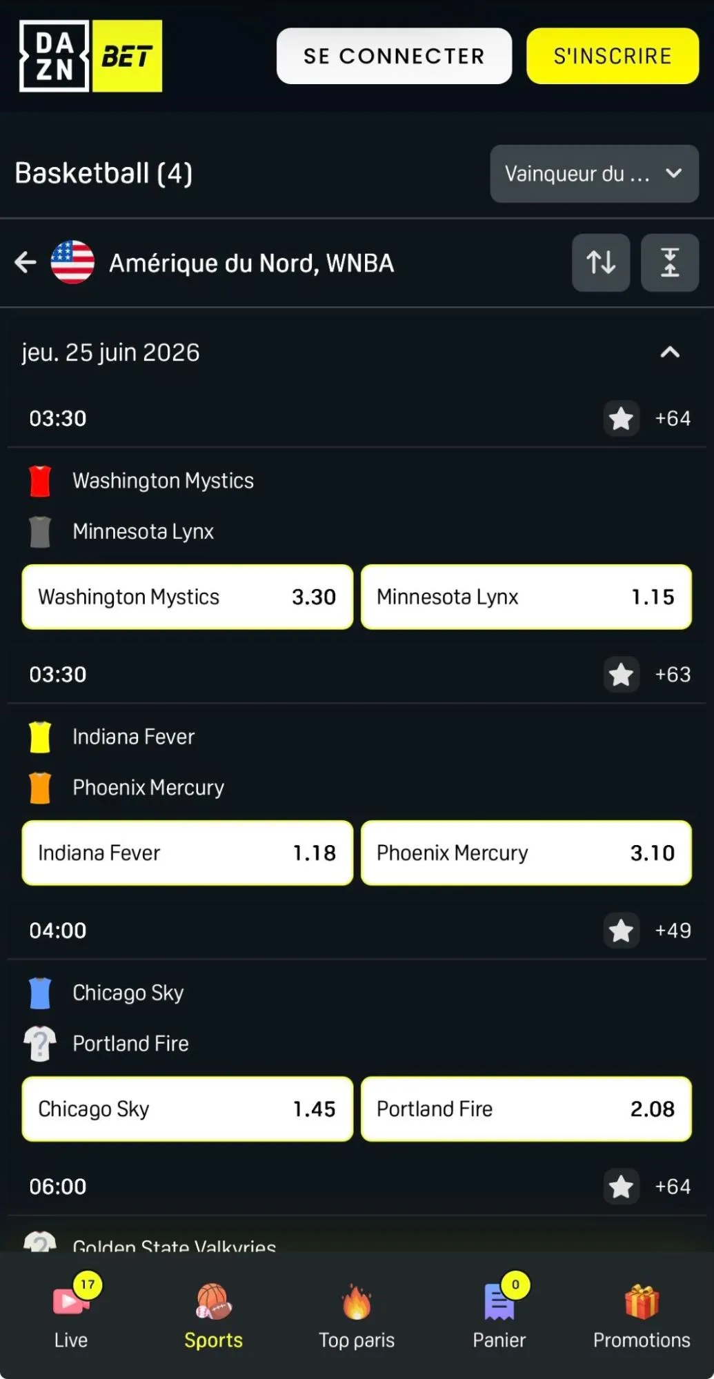 Interface de DaznBet sur les matchs WNBA 2026, le 24 juin 2026