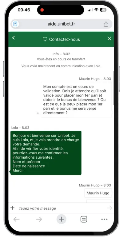 Test du support Unibet